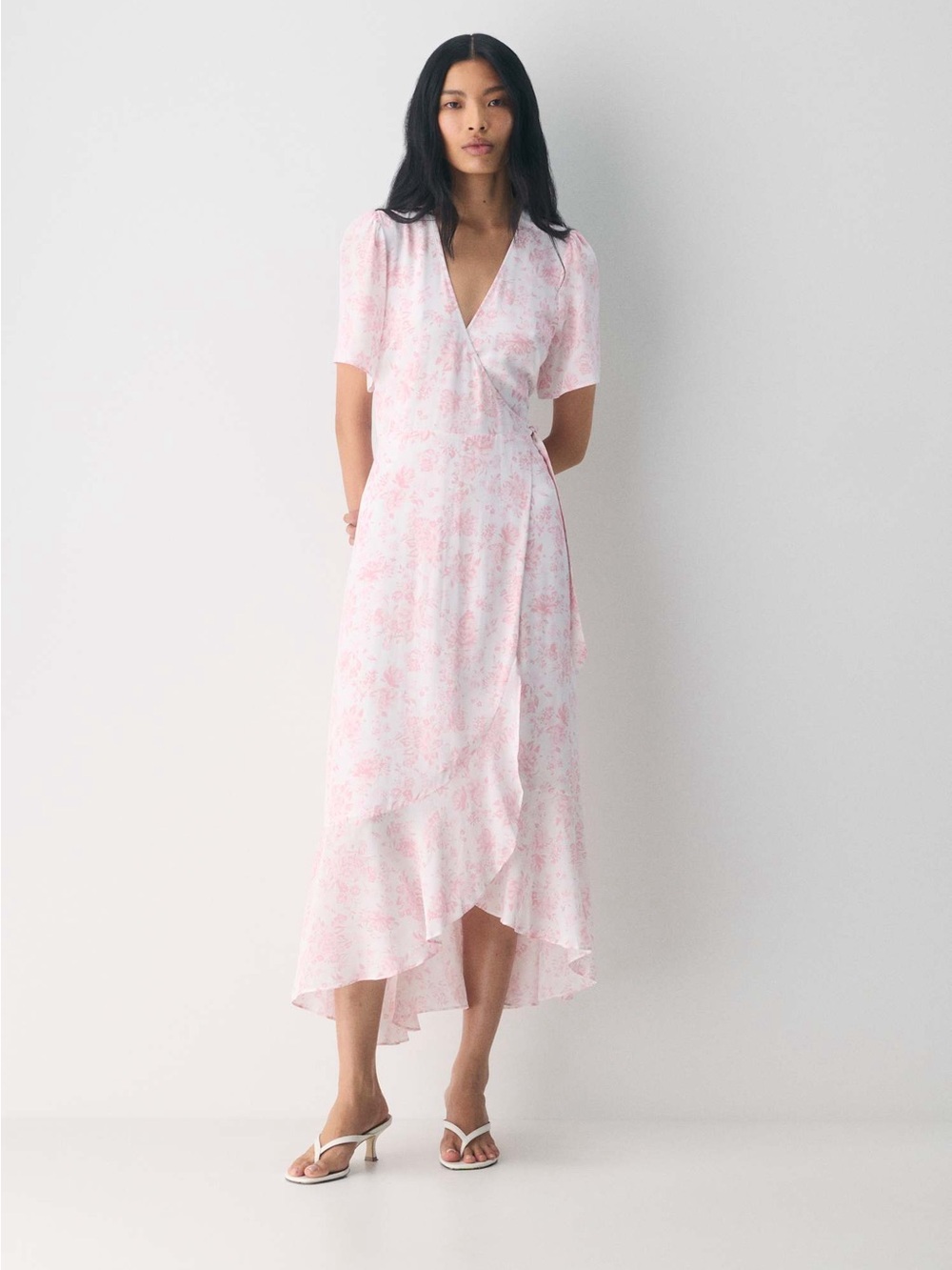 Aritzia Wilfred Gazette Floral Wrap Midi Dress White Pink Size L NW
